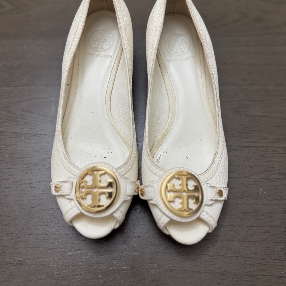 Tory Burch Ivory Peep-Toe Flats with Gold Logo Medallions